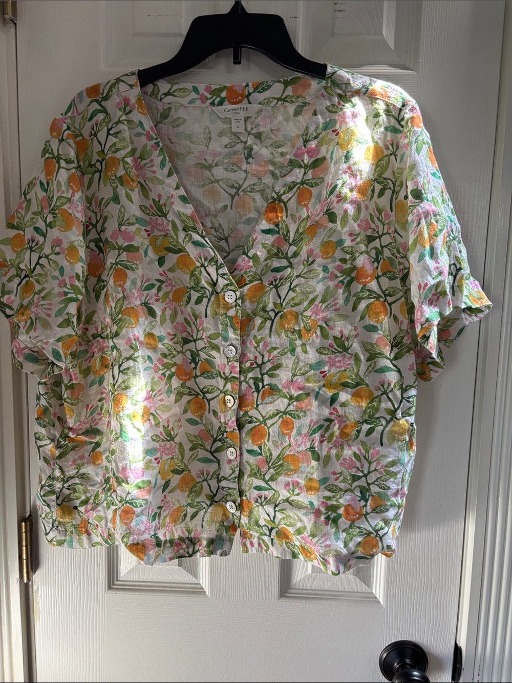 Garnet Hill White Linen Button-Front Top with Orange & Green Citrus Print